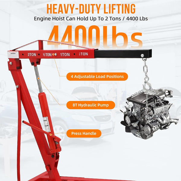 Hydraulic Engine Hoist Built for Heavy Lifting, 4400 LBS Capacity, Adjustable Boom, Foldable Design