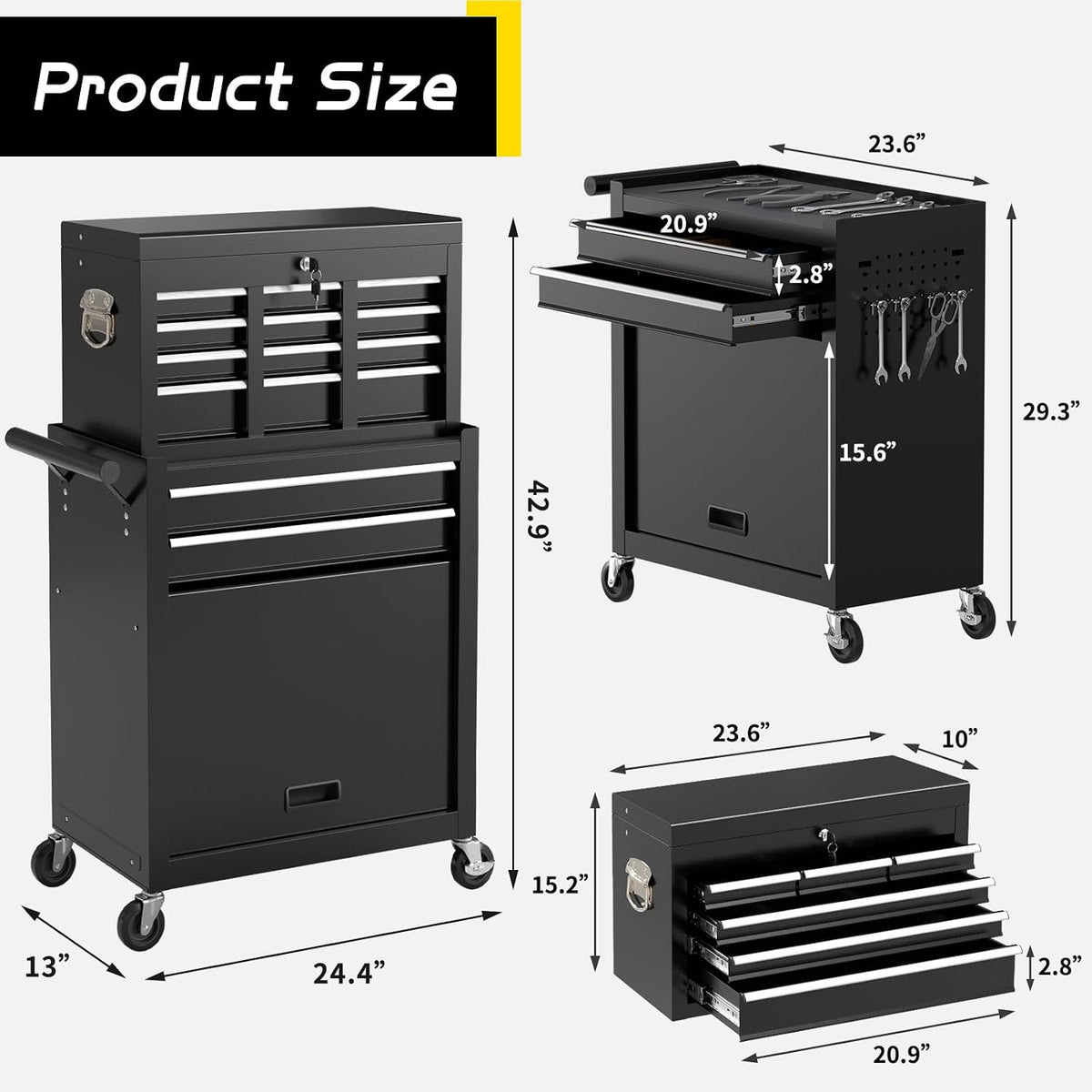 8 Drawer Rolling Tool Chest, Large Capacity Rolling Tool Box with Wheels, Locking Mechanical Tool Chest, Portable Tool Box with Sliding Drawers for Garage Workshop and Tool Room (Black)