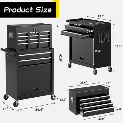 8 Drawer Rolling Tool Chest, Large Capacity Rolling Tool Box with Wheels, Locking Mechanical Tool Chest, Portable Tool Box with Sliding Drawers for Garage Workshop and Tool Room (Black)