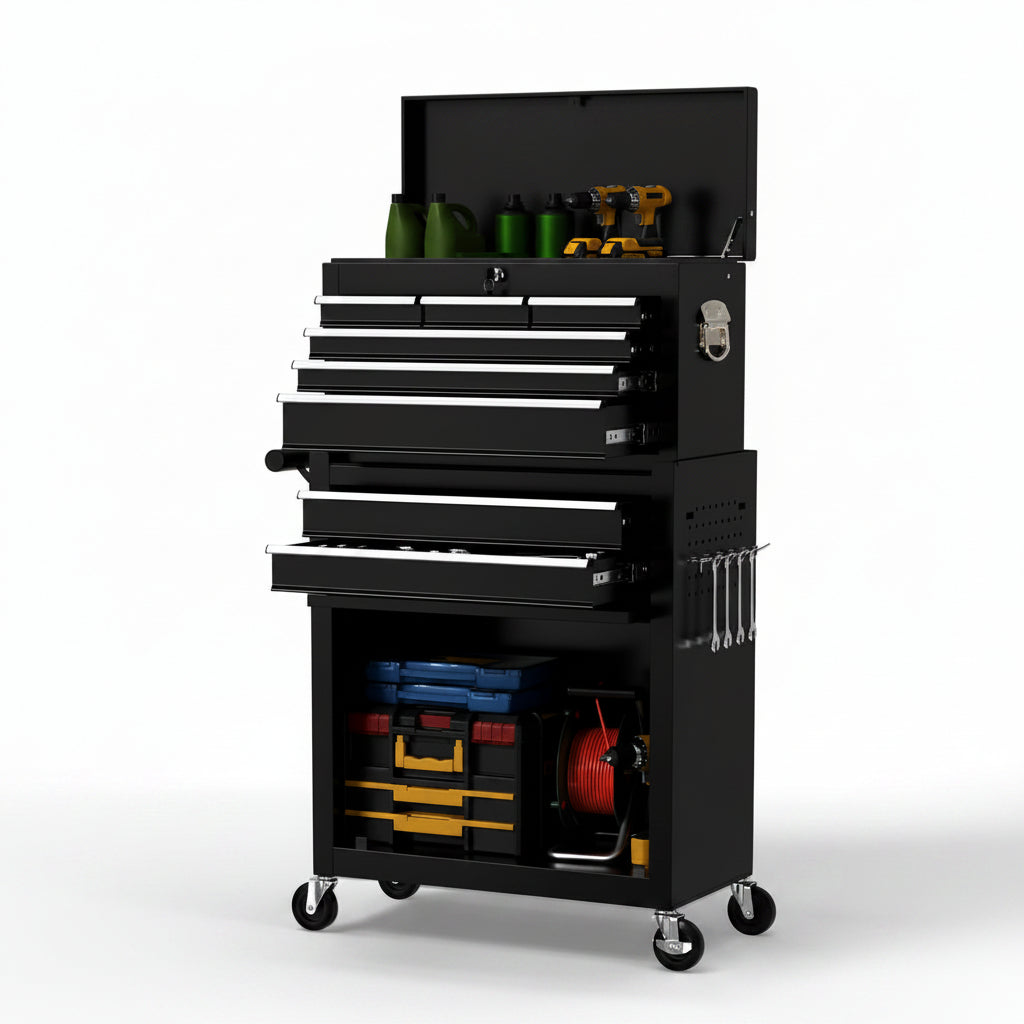 8 Drawer Rolling Tool Chest, Large Capacity Rolling Tool Box with Wheels, Locking Mechanical Tool Chest, Portable Tool Box with Sliding Drawers for Garage Workshop and Tool Room (Black)
