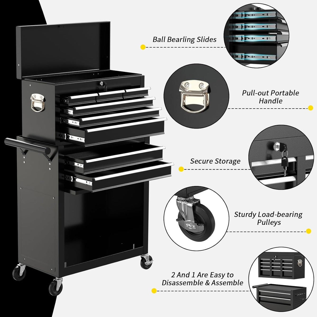 8 Drawer Rolling Tool Chest, Large Capacity Rolling Tool Box with Wheels, Locking Mechanical Tool Chest, Portable Tool Box with Sliding Drawers for Garage Workshop and Tool Room (Black)