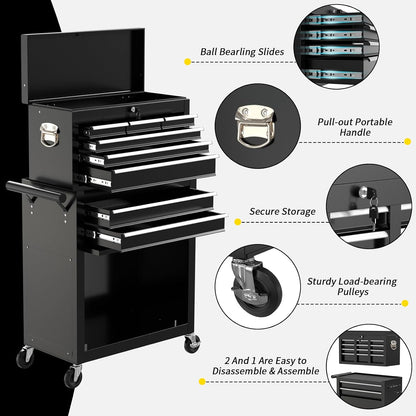 8 Drawer Rolling Tool Chest, Large Capacity Rolling Tool Box with Wheels, Locking Mechanical Tool Chest, Portable Tool Box with Sliding Drawers for Garage Workshop and Tool Room (Black)