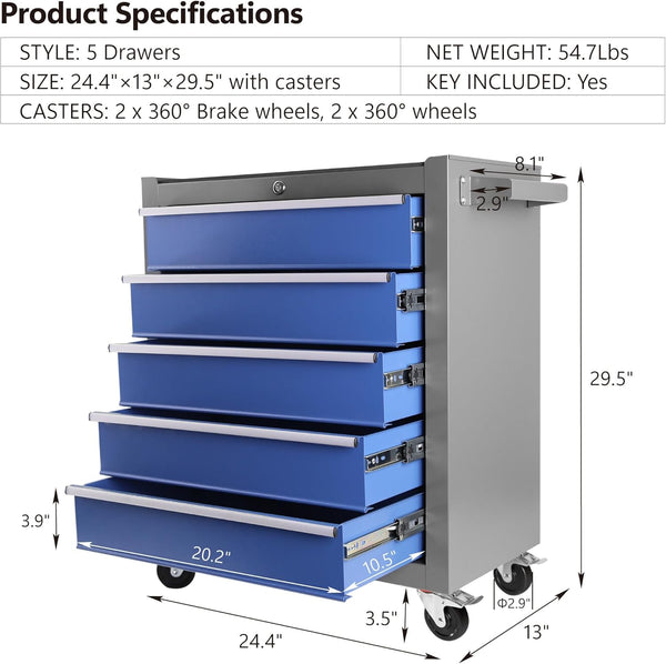 Rolling Tool Chest Built for Workshop Organization, 5 Drawers, Ball-Bearing Slides, Lockable Steel Storage