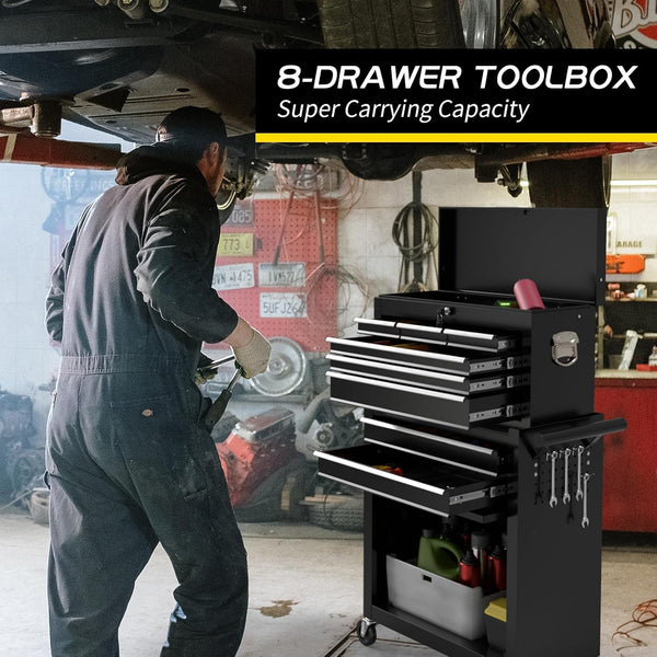 8 Drawer Rolling Tool Chest, Large Capacity Rolling Tool Box with Wheels, Locking Mechanical Tool Chest, Portable Tool Box with Sliding Drawers for Garage Workshop and Tool Room (Black)